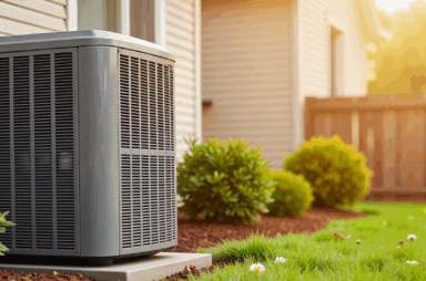 A new AC unit sits on a concrete pad beside a suburban house, surrounded by green grass and bushes in a landscaped yard, showcasing recent AC replacement.