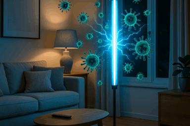 A UV-C lamp stands in a living room, emitting blue light beams that target and neutralize illustrated germs and viruses in the air—perfect for spaces with a new air conditioner or after an AC repair.