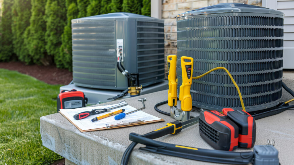 Two outdoor air conditioning units with various HVAC tools, measuring devices, and a clipboard with paperwork are arranged on a concrete platform next to a house, ready for Air Conditioning Installation or Replacement.