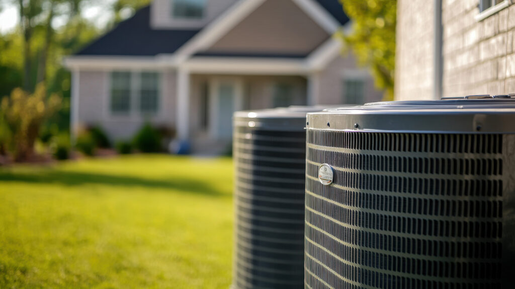Two outdoor air conditioning units, ideal for heating installation or heating replacement, are positioned beside a house on a well-kept lawn, with a blurred view of the home in the background.