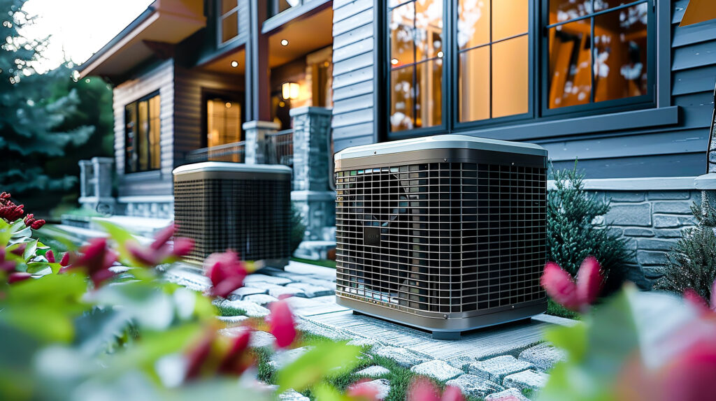 Two outdoor air conditioning units are placed on concrete pads beside a modern house, surrounded by landscaping and flowers—ready for reliable cooling or heating repair when needed.