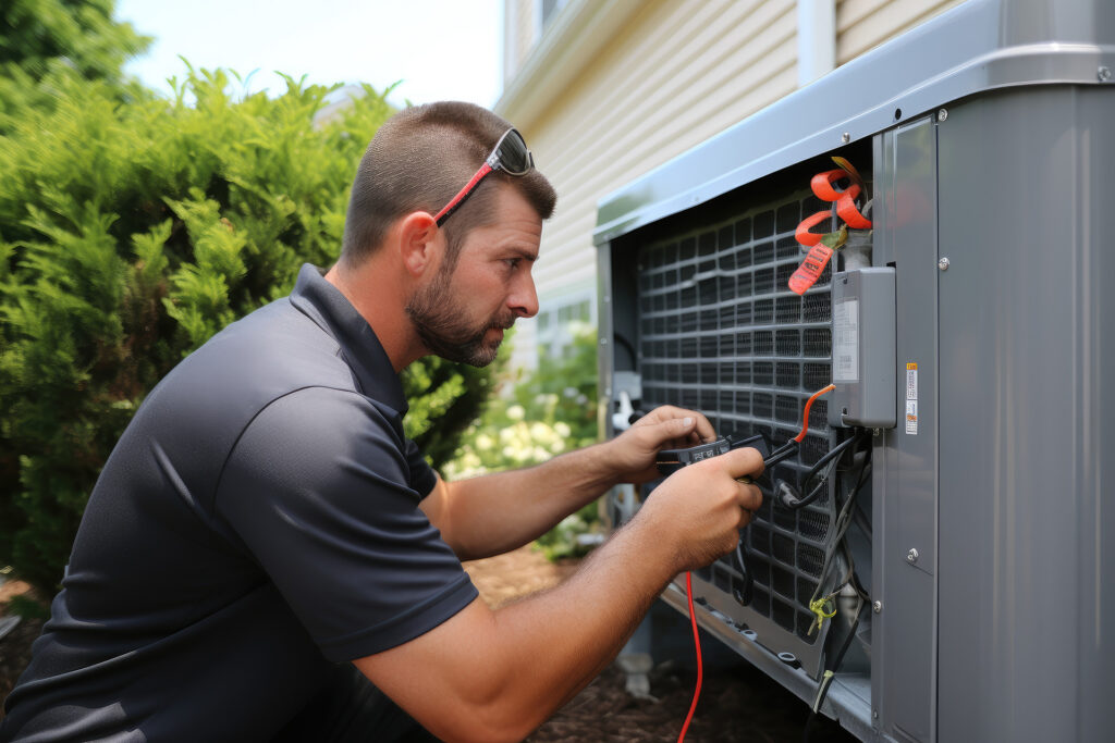 A technician performs air conditioning repair as he inspects and tests the wiring of an outdoor unit next to a house, holding tools and wearing a dark shirt.
