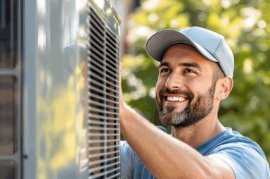 A man in a gray cap and blue shirt performs AC maintenance on an outdoor air conditioning unit, ensuring it runs efficiently in the Florida climate on a sunny day.